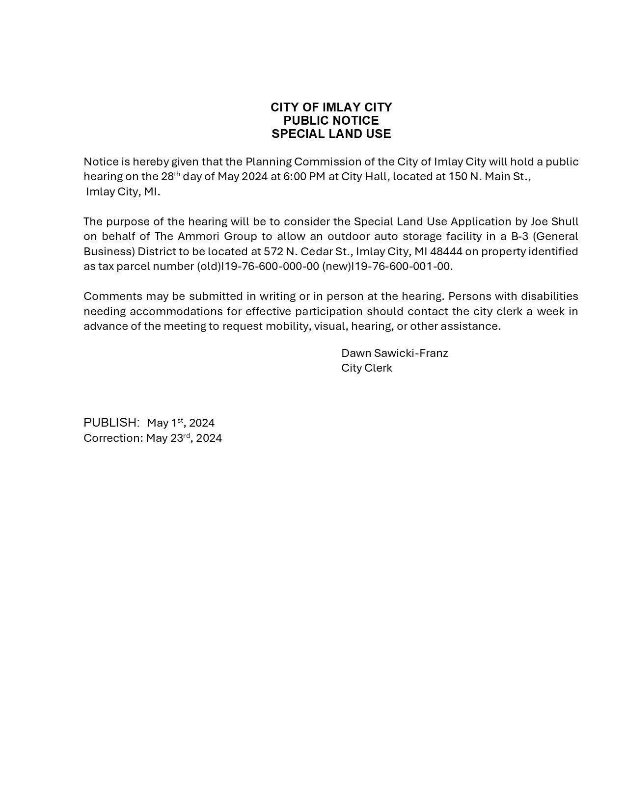 Imaly City Public Notice on Special Land Use Hearing.