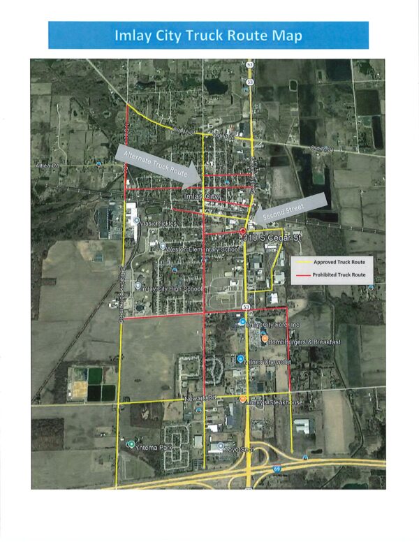 Imlay City truck route map with approved and prohibited paths.
