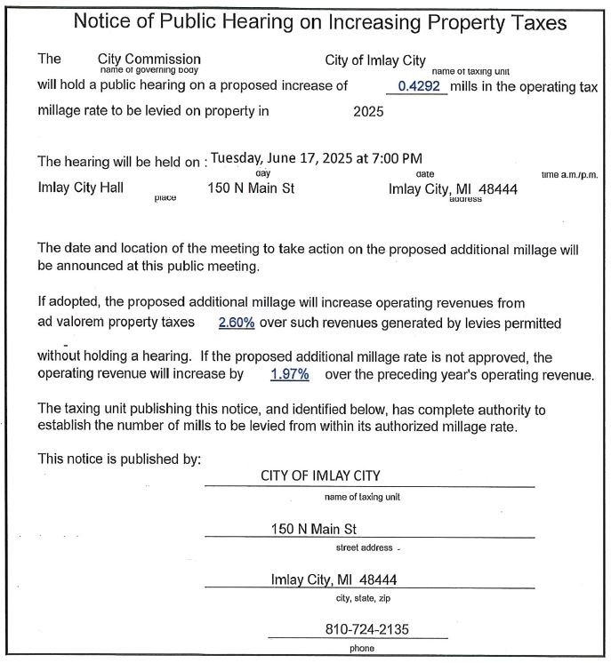 Notice of Imlay City property tax increase hearing.