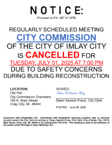 Imlay City meeting canceled for safety reasons, July 2025.