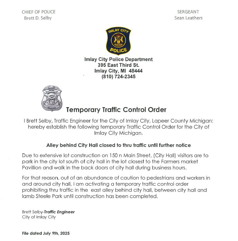 Imlay City temporary traffic control order notice.