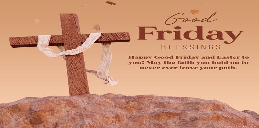 Wooden cross on rocky hill with text.